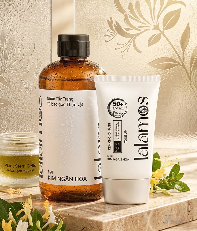 Bộ đôi Nước tẩy trang và Kem chống nắng nâng tone, dưỡng ẩm Lalamos Nhụy Kim Ngân Hoa SPF 50+ PA++++