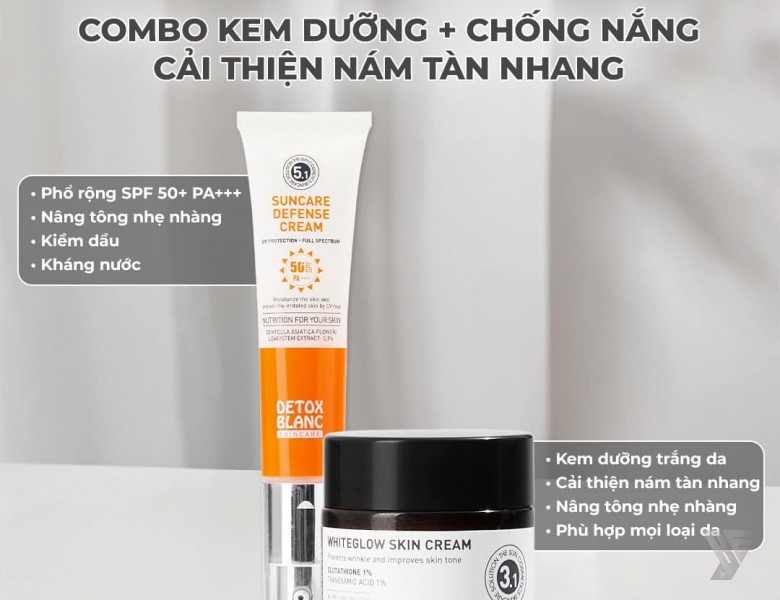 Combo Kem face collage dưỡng trắng và chống nắng da mặt ban ngày Detox BlanC